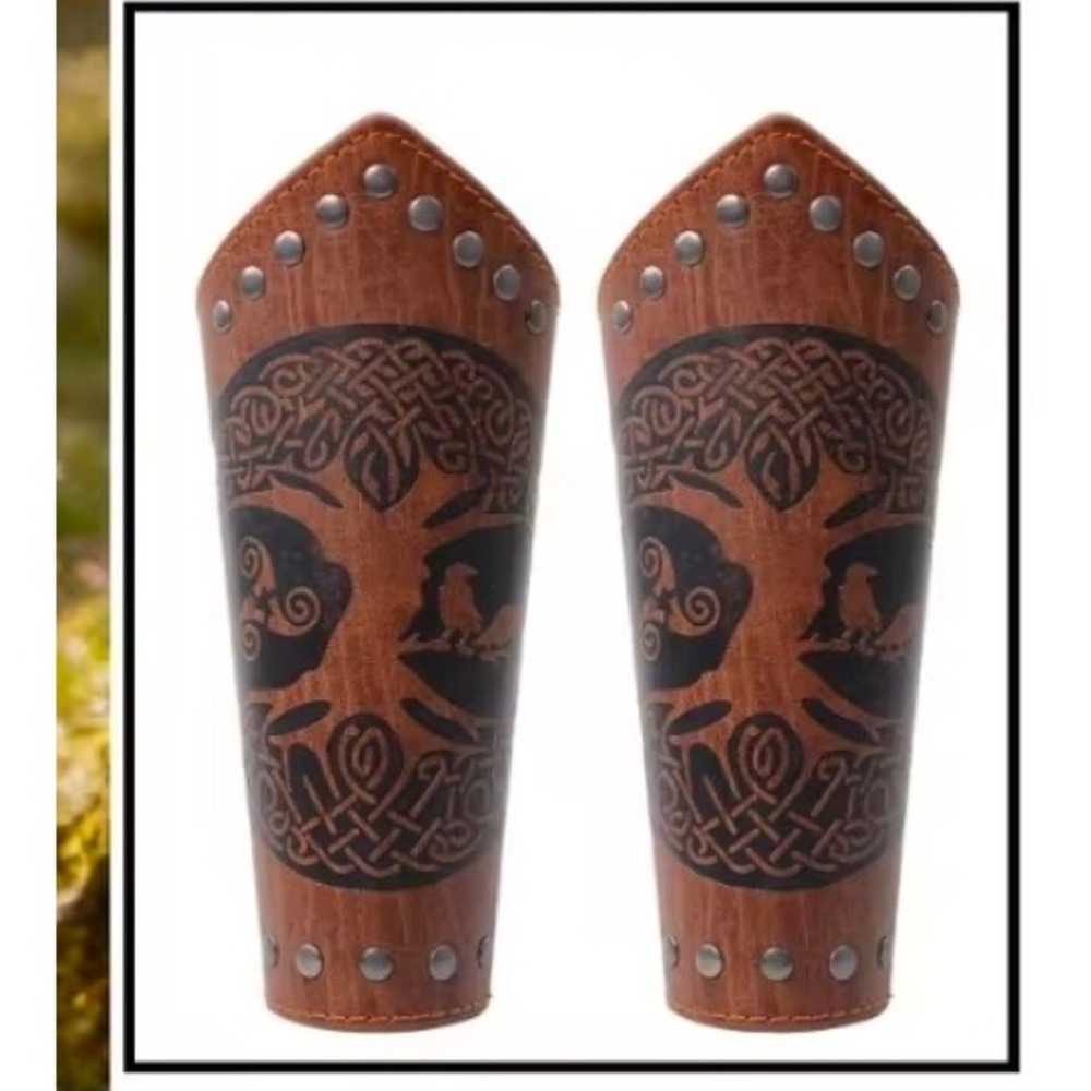 Celtic Tree of Life Faux Leather Arm Guards Bracers Brown Viking Medieval Pair